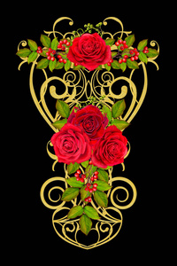 装饰的元素。金色闪亮的镂空, 以花纹的形式, 精致的花边, 鲜艳的红花花环, 玫瑰花叶