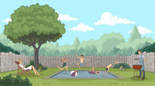 可爱的卡通孩子跳进池。后院的人