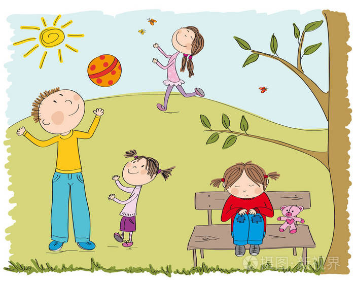 快乐的孩子们在公园外面玩耍, 一个女孩很伤心