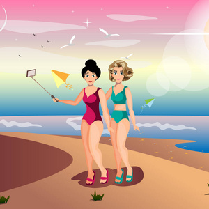 两个女孩谈夏天海滩上拍照