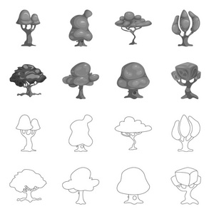 树和自然符号的孤立对象。库存树和皇冠矢量图标的集合