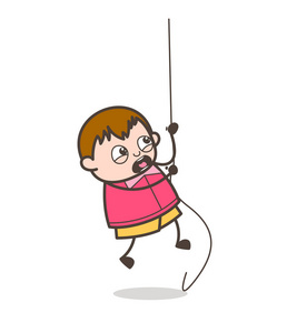 勇敢的男孩试图爬绳可爱的卡通小胖子图