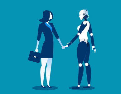 人 vs 机器人, 女实业家站在机器人旁边。概念业务