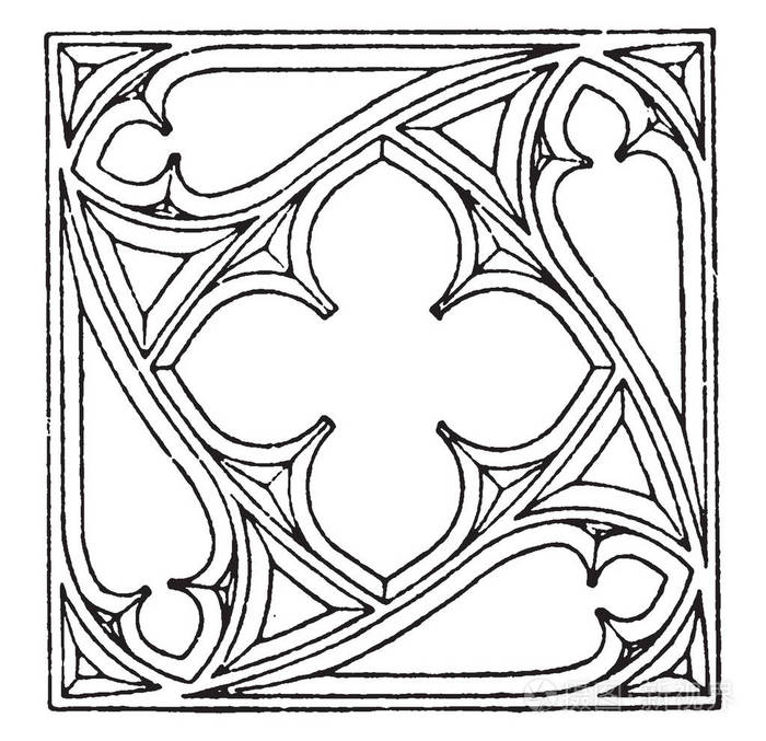 哥特式花纹哥特式建筑彩色玻璃窗框窗纹复古线条画或雕刻插图