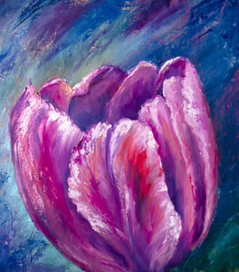 画布上的原始油画.自然花卉粉红色紫色郁金香花在蓝色背景.