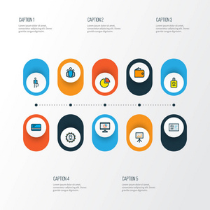 贸易图标有色线设置与计算机分析, 现金, id 徽章和其他钱包元素。独立矢量插图贸易图标