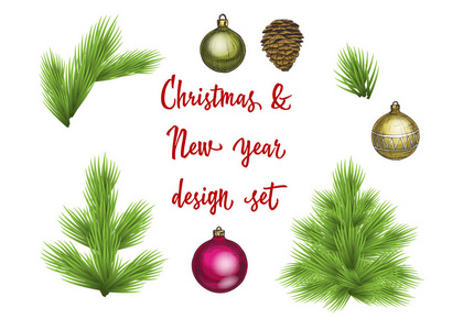 集绿色郁郁葱葱的云杉树枝和装饰元素。圣诞节和新年的设计。在白色矢量图上隔离