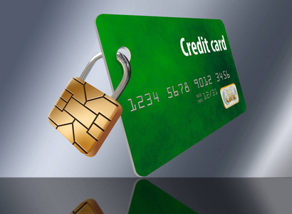 在信用卡上的 Emv 安全芯片变成了这个模拟信用卡上的挂锁, 代表芯片提供的安全性