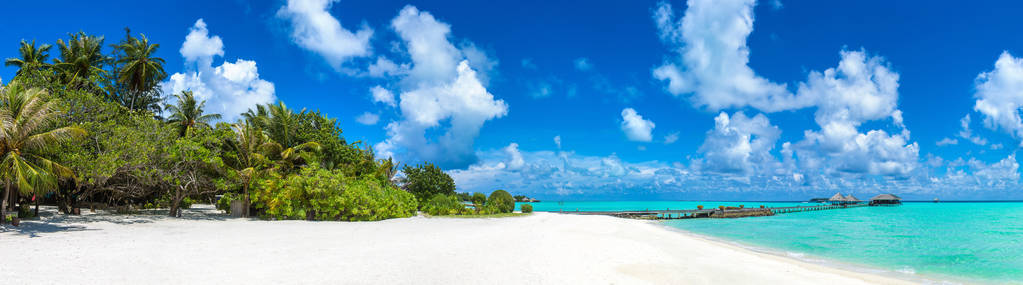 夏季日马尔代夫热带海滩全景