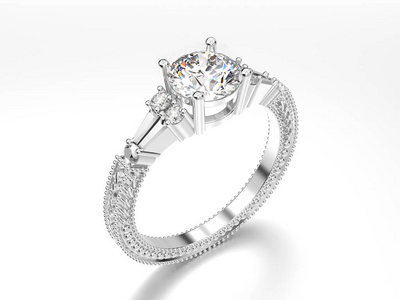 3d 图白色黄金或白银装饰钻石戒指机智