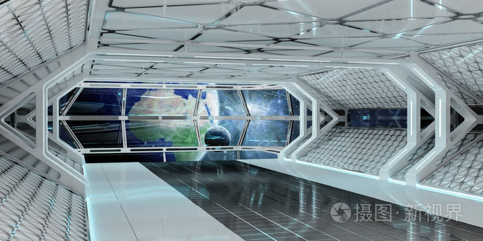 太空飞船内部与地球上的视图3d渲染t中的元素