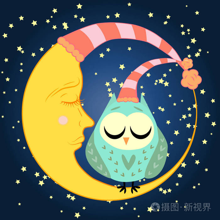 可爱的卡通沉睡的猫头鹰在圆与闭着的眼睛坐在一个昏昏欲睡的新月之间