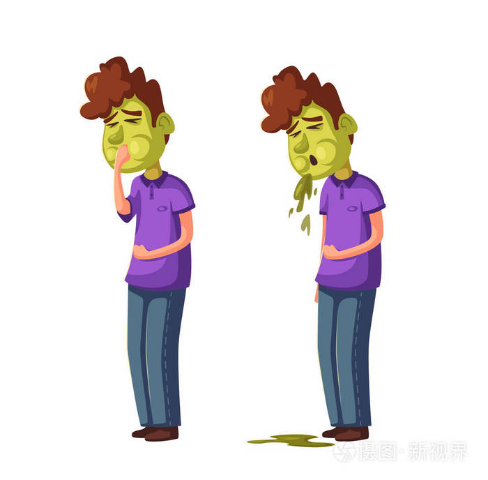 不快乐的人因食物中毒而呕吐.卡通矢量插图