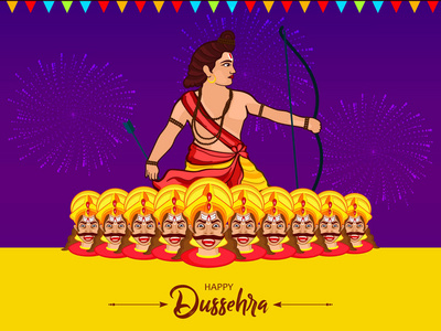 Dussehra 海报与人举行弓和箭头在紫色和黄色背景与烟花花环和生气军队