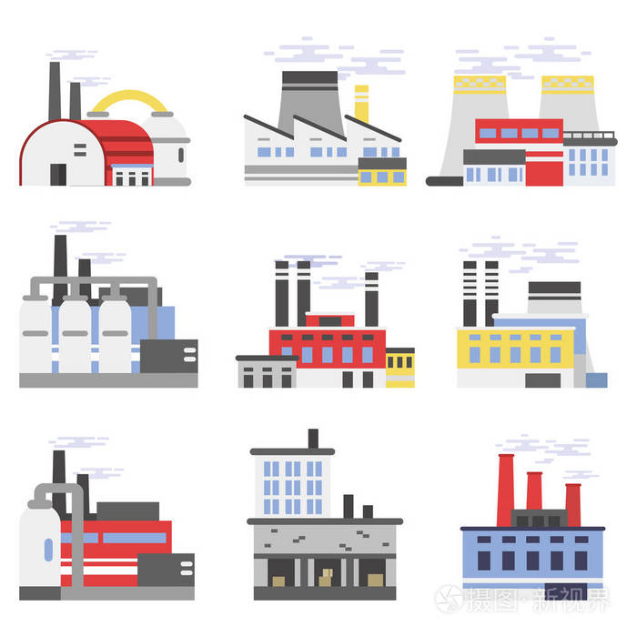 工业制造建筑集, 功率和化工厂,厂矢量插图