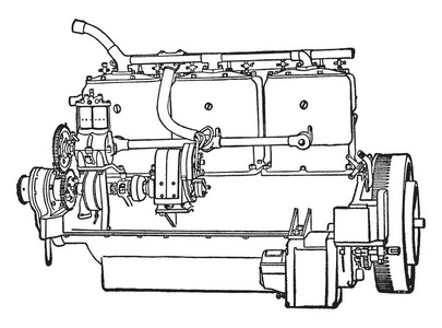 建立汽车步骤11是电机启动发动机通过转动飞轮, 复古线条画或雕刻插图