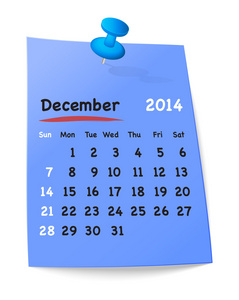 2014 年 12 月在附蓝光蓝色粘滞便笺上的日历