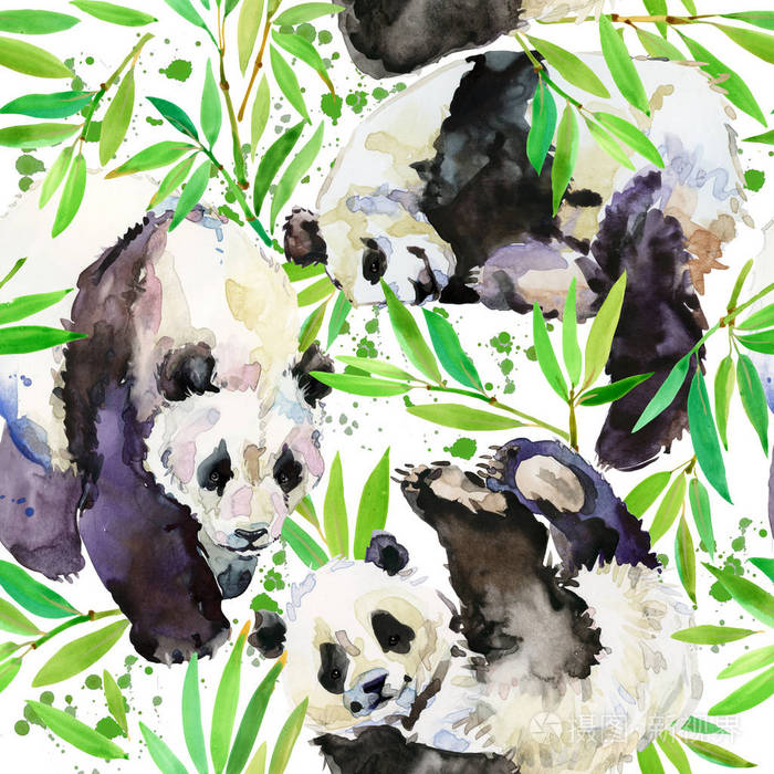 可爱的熊猫无缝花纹.野生动物手绘水彩插画