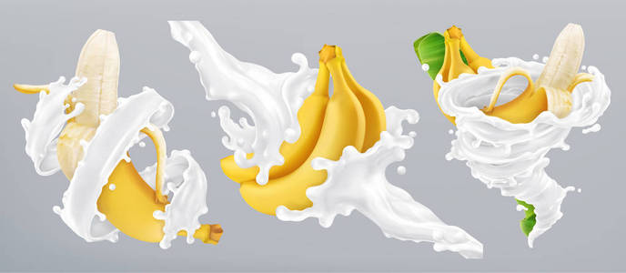 香蕉和牛奶飞溅, 酸奶。3d 逼真矢量图标