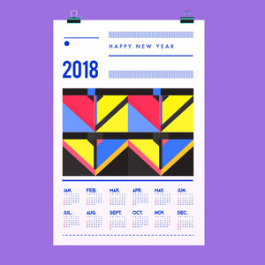 新年2018日历封面模板。丰富多彩的孟菲斯风格背景的日历和海报设计