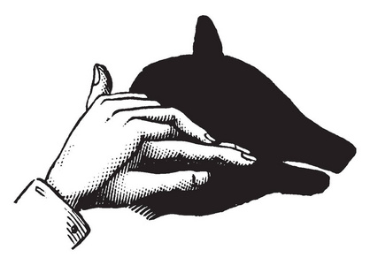 这张图片代表的是猪的手影, 复古线条画或雕刻插图照片