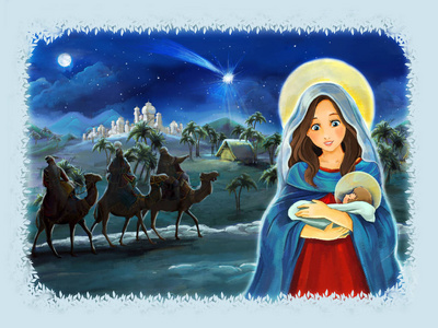 卡通场面与玛丽和耶稣基督和旅行的国王例证为孩子