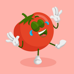 吉祥物品牌矢量搞笑卡通可爱的红色微笑的番茄字符孤立在粉红色的背景