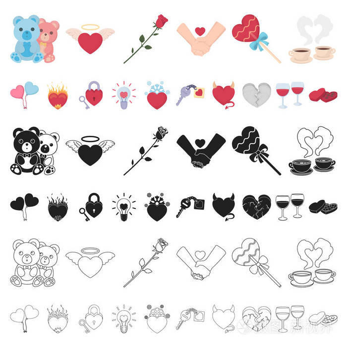浪漫的关系卡通图标集合中的设计.爱情与友情矢量符号股票网站插图