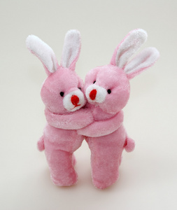 两个粉红兔拥抱照片