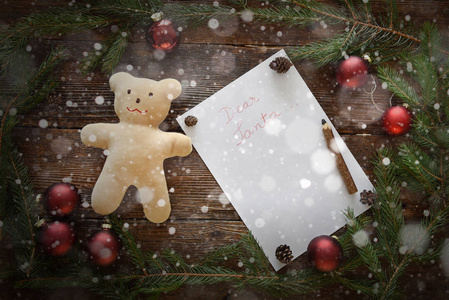 给圣诞老人的儿童来信。圣诞装饰品和雪花