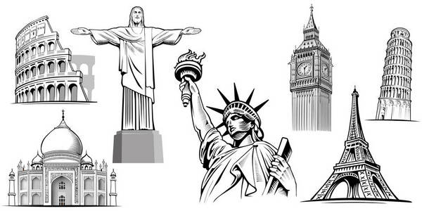 旅行目的地著名的 placesnyc，伦敦大笨钟 罗马竞技场 巴黎埃菲尔铁塔 纽约的自由女神像的里约热内卢耶稣雕像