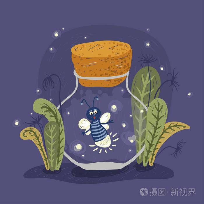 卡通萤火虫在罐子里, 矢量插画