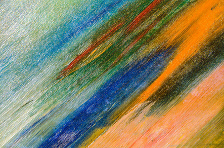 纸板布上的水彩笔触 许多蓝色, 绿色, 橙色, 光