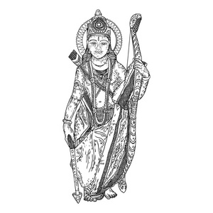 拉玛勋爵为快乐风水的 Navratri 节手绘插图。向量