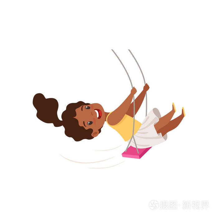 可爱的非洲裔美国女孩摇摆在绳子秋千上, 小孩子在一