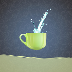 咖啡杯子与水洒落在复古背景。矢量设计