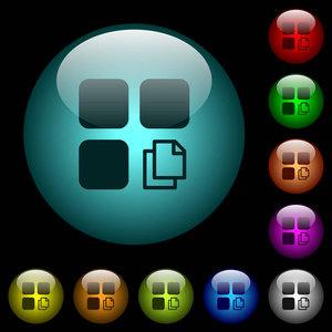 在黑色背景的彩色照明球形玻璃按钮中复制组件图标。可用于黑色或深色模板