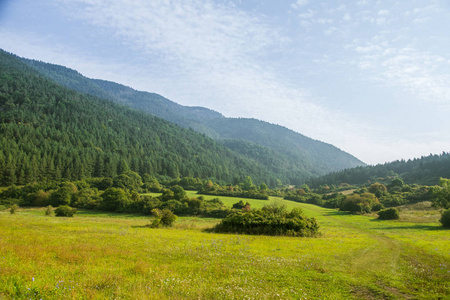 欧洲斯洛伐克 Tatra 山脉的一座美丽的山地景观。夏天风景与山和森林