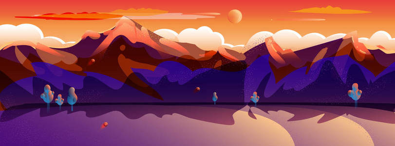 日落夏季洛基山脉景观绘画, 旅行, 航程, 冒险自然壁纸, 着陆页背景, 美丽的插图, 海报, 应用程序页面布局