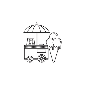 游乐园冰激淋冰淇淋锥和购物车图标矢量线性设计隔离在白色背景.