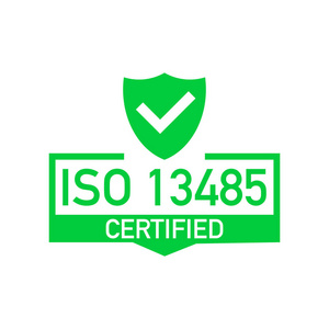 Iso 13485 认证徽章, 图标。认证印章。平面设计向量