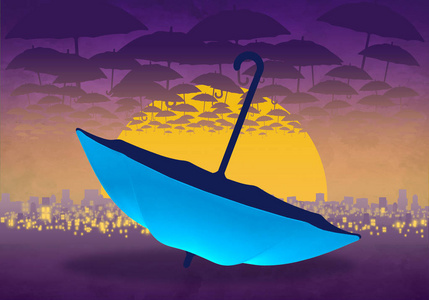 卡通天际线背景在日落与云彩和蓝色 umbrella01