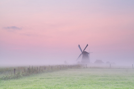 风车在晨雾中的草地上图片
