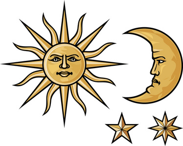太阳, 新月和星星奇怪的夜晚月亮和太阳图明智的老月亮卡通人物月亮图