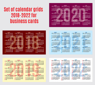 用于名片的20182022 年日历网格的向量集