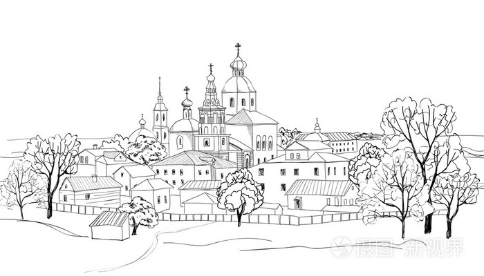 插画 俄罗斯城市. 苏兹达尔克里姆林宫的素描. 旅行.eps