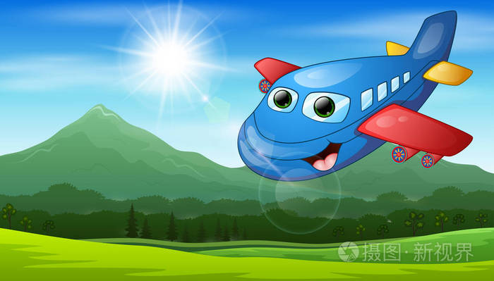微笑的动画片飞机在山视图飞行