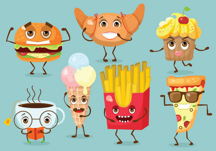 卡通有趣的食物字符矢量插画-蛋糕, 比萨饼, 羊角面包, 冰淇淋, 茶