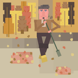 看门人用很好的心情打扫秋天的院子, 唱着扫帚。方形扁型。彩色矢量插图与秋季颜色