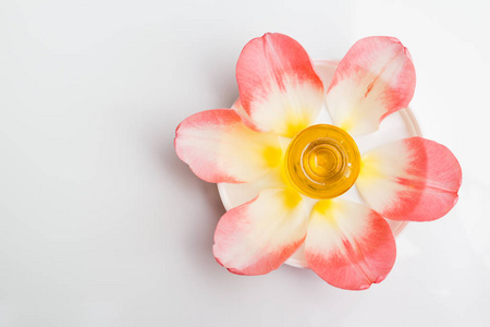 玫瑰芳香油。带嫩粉色花瓣和花的盘上的滴管瓶, 顶部视图